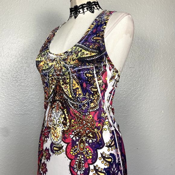 Vtg Y2K Bedazzled Rhinestone Lace Back Paisley Summer Mini Dress Mcbling Fairy - Picture 8 of 16